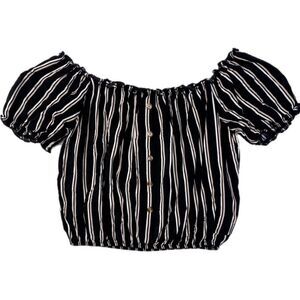 Mi Ami Andell Black & White Stripe Off The Shoulder Puff Sleeve Crop Blouse